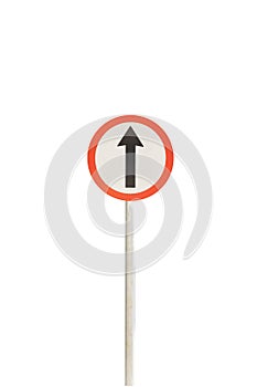 Straight arrow with red edge circular badge with old rusted iron pole. Traffic sign signage. isolated with white background