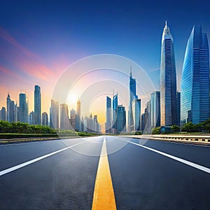Straight asphalt road and modern city skyline with building illustration for product presentation copy
