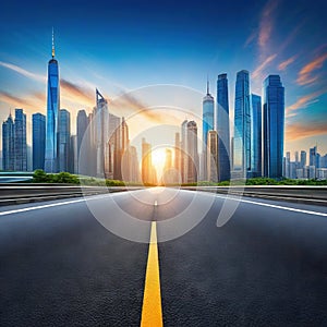 Straight asphalt road and modern city skyline with building illustration for product presentation copy