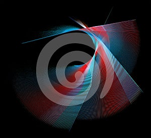 Straight blades of an abstract fan with blue and red stripes follow each other against a black background. Graphic design element