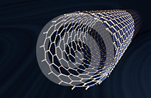 Straight Carbon Nanotube, Yellow Atoms, Grey and Blue Bonds, Dark Blue Background