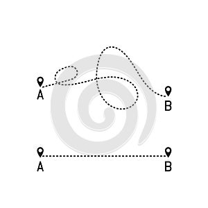 Straight and complicated path from point A to point B isolated on white background