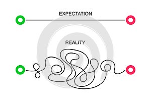 Straight and curved paths from start to finish points. Expectation and reality concept. Ideal and real life symbols