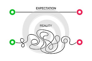 Straight and curved paths from start to finish points. Expectation and reality concept. Ideal and real life symbols photo