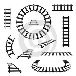 Straight and curved railroad tracks vector black icons photo