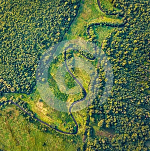 Straight dawn view from flying drone of Seret river, Ternopil region, Ukraine, Europe