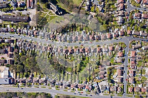 Straight down aerial photo of the British town of Meanwood in Leeds West Yorkshire showing typical UK housing estates and rows of