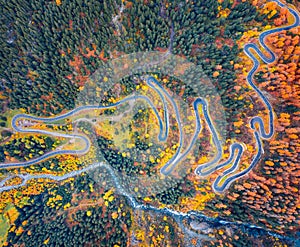 Straight-down view from flying drone of Maloya pass. Colorful morning scene in Swiss Alps, Upper Engadine in canton of the Grisons