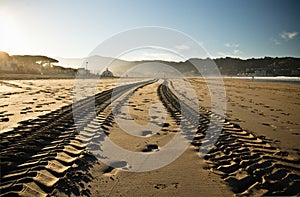 Straight engine tyre trace track on a sandy beach in hendaye