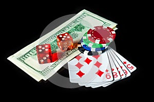 Straight flush cards and dollars with chips and dice in the background. Winning combination at a poker club or casino