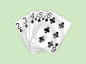 Straight Flush of Clubs - Two to Six - playing cards