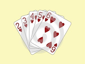 Straight Flush of Hearts - Two to Six - playing cards