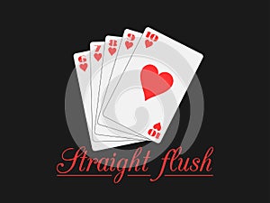 Straight flush playing cards, hearts suit. Poker hand.