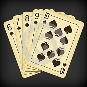 Straight Flush of Spades from Six to Ten - vintage playing cards vector illustration