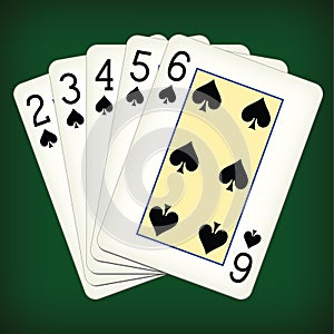 Straight Flush of Spades from Two to Six - playing cards vector illustration