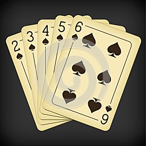Straight Flush of Spades from Two to Six - vintage playing cards vector illustration