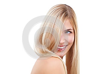 Straight hair, beauty and smile of woman in makeup isolated on a white studio background. Face, hairstyle and blonde