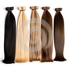 Straight Hair extensions on isolated white background. various colors. Created with generative AI