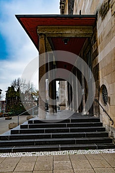 Straight line view through pillared church entrance