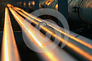 Straight long pipe line in oil refinery during sunset