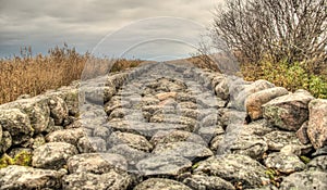 Straight old and long mole paved with stones going through the reed field till Baltic sea, Ainazi, Latvia