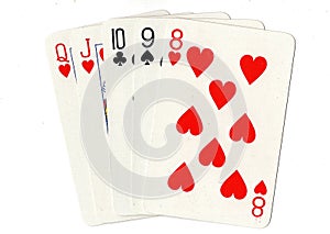 A straight poker hand of playing cards.