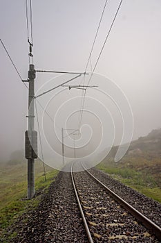 Straight railroad on a foggy morning, vertical shot