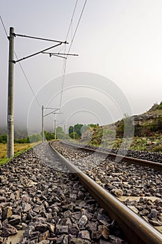 Straight railroad on a foggy morning, vertical shot