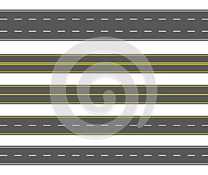 Straight road set. Seamless asphalt roads collection. Highway or roadway background