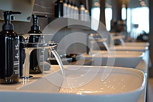 A straight row of sinks with soap dispensers attached to them in a well-lit room, A close-up of a hair washing station with modern