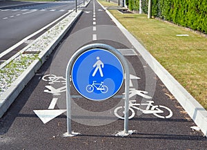 Straight two way cycle lane with traffic street signs.