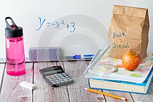 Straight on view of a table top scene of school supplies including lunch bag and water bottle, against a white board.