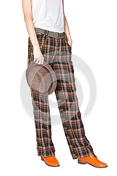 Straight wide plaid pants and stingy brim hat