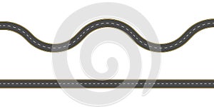 Straight and winding road road. Seamless asphalt roads template. Highway or roadway background. Vector illustration