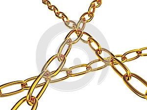 Strained chains from golden metal. Security and power concept.