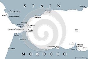 Strait of Gibraltar, also Straits of Gibraltar, gray political map