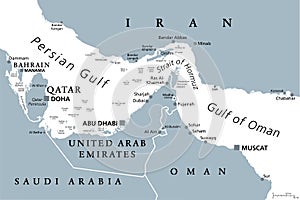 Strait of Hormuz, an important waterway, gray political map