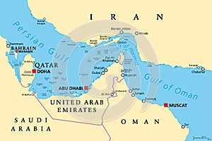 Strait of Hormuz, waterway between Persian Gulf and Gulf of Oman, map photo