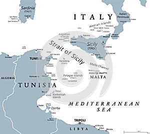 Strait of Sicily, also called Sicilian Channel, gray political map photo