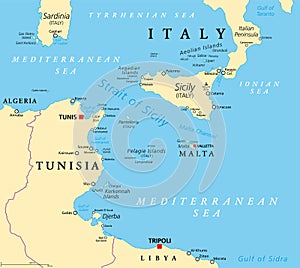 Strait of Sicily, or also the Sicilian Channel, political map photo