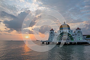 Straits Mosque of Malacca known as Masjid Selat in Malacca, Malaysia.