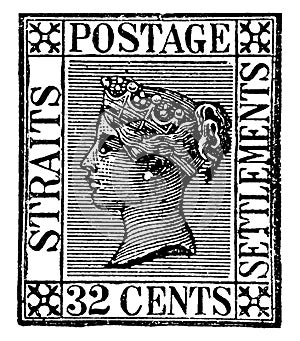 Straits Settlements 32 Cents Stamp in 1868, vintage illustration
