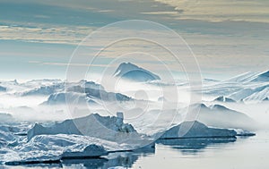 Stranded icebergs in the fog at the mouth of the Icefjord near I