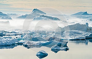 Stranded icebergs at the mouth of the Icefjord near Ilulissat, G