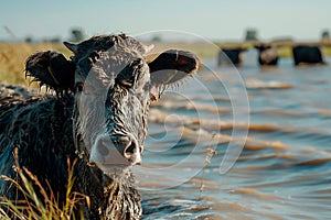 Stranded livestock cows sheeps seeking refuge, floodwaters inundate rural farmland, highlighting the impact of flooding