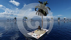 Stranded people in a virtual world, isolated people sitting on mobile phone island, panning