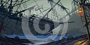 Stranded Ship. Ghost Ship. Fiction Backdrop. Concept Art. Realistic Illustration