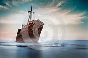 A stranded shipwreck in a moody sunset atmosphere