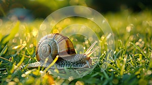 Stranded snail flipped upside down in the midst of vibrant green grass under the bright daylight photo