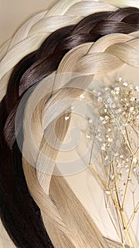 Strands of natural hair of different colors for extensions. Hair color palette